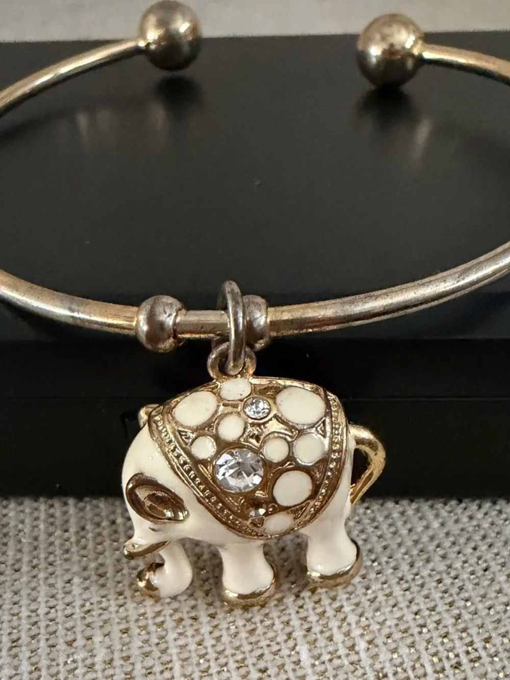 Gold-Tone Elephant Charm Bangle Bracelet - White Enamel